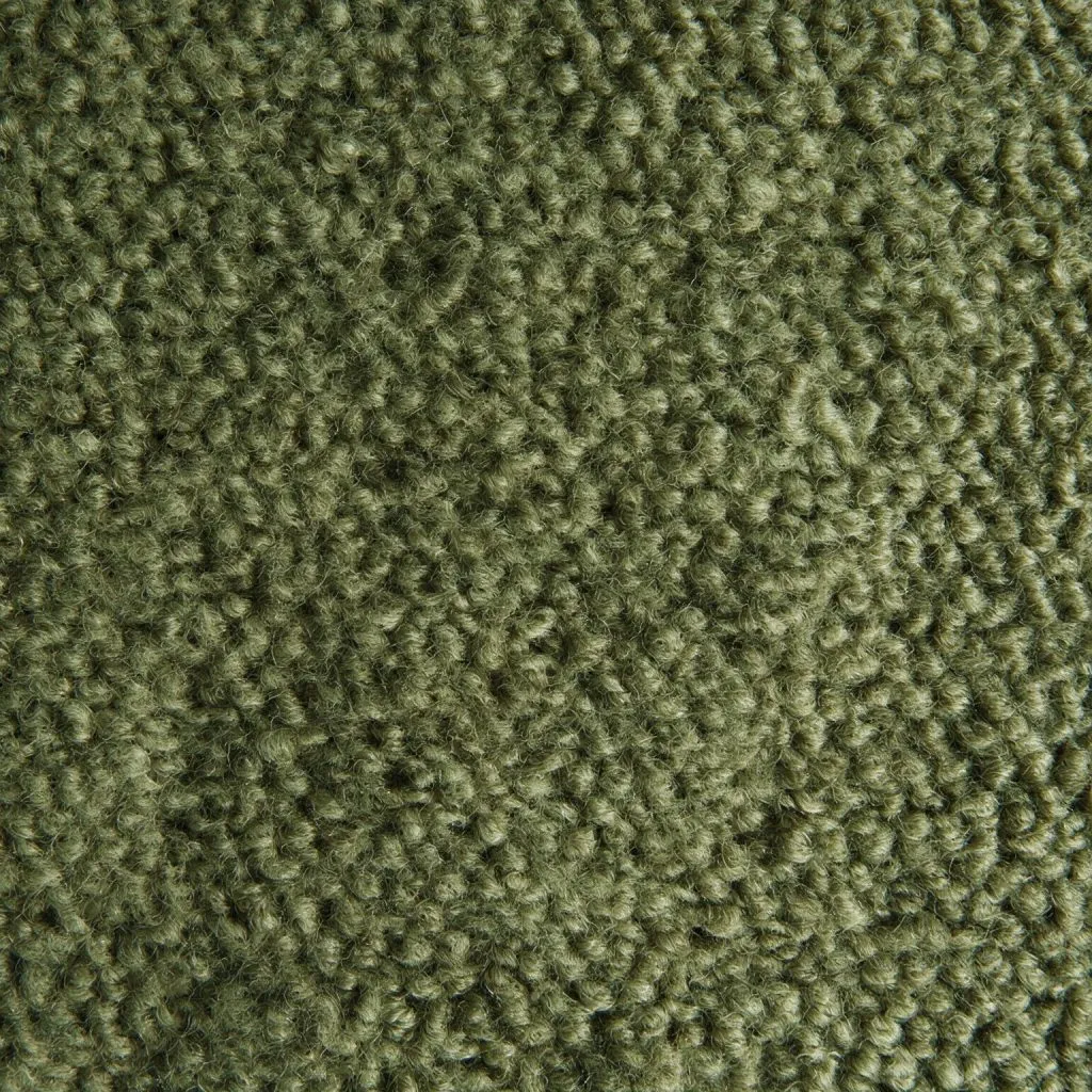 Close-up of olive-green wool bouclé fabric with a looped texture.